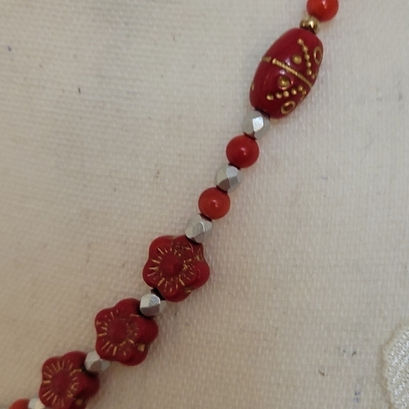 HANDMADE Red Floral Ladybug Czech Glass Jade Beaded Fairycore Necklace - Picture 4 of 6